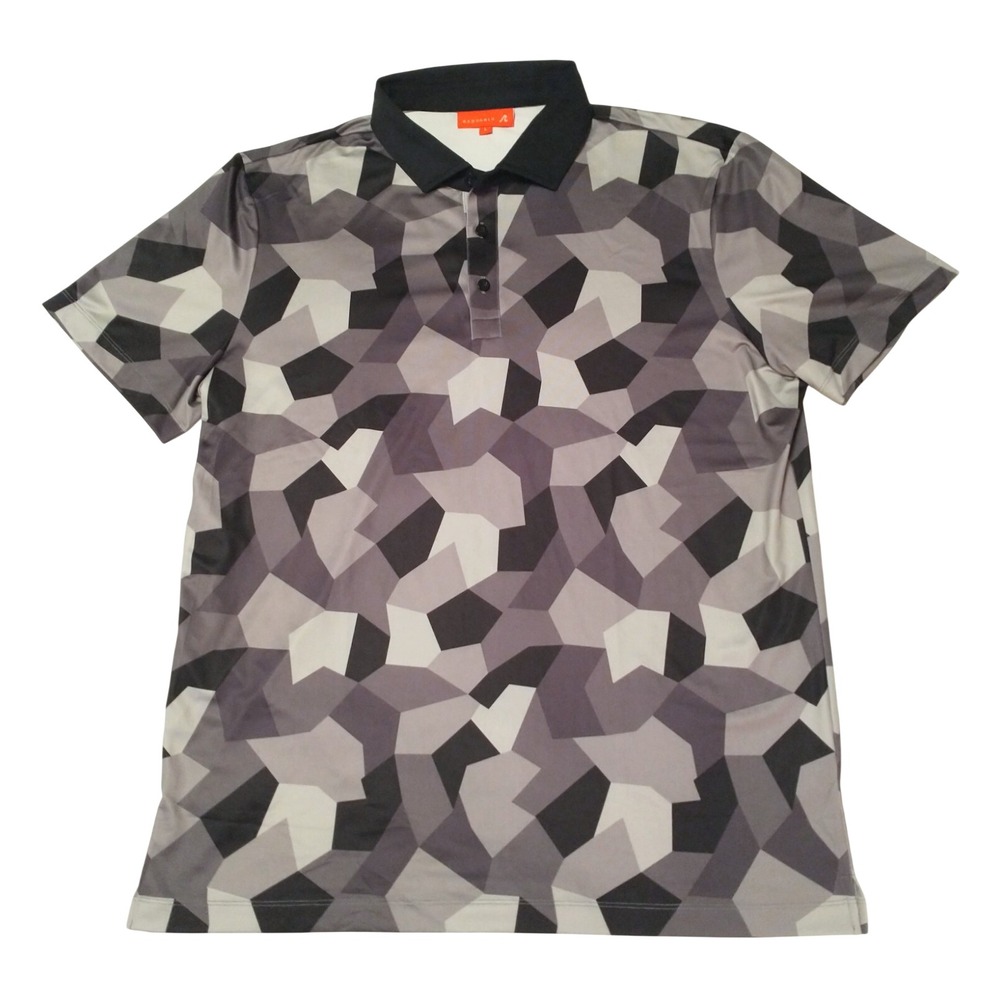 Redvanly Mens Geometric Camo Golf Polo Shirt Grey Black Short Sleeve Size L